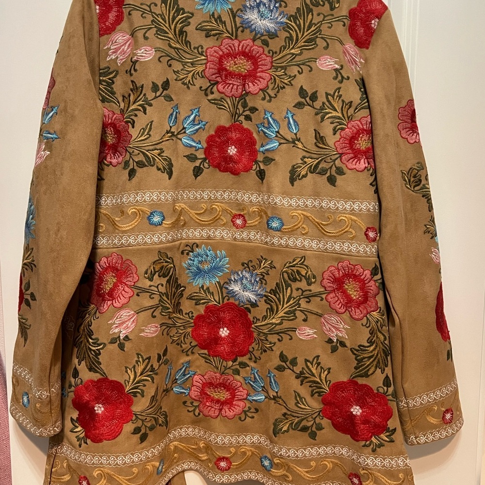 Savannah Jane Camel Faux Suede Embroidered Long Jacket Womens M/L Boho Hippie - Picture 2 of 9